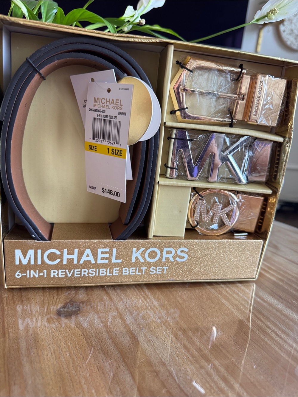 Michael Kors Brown Reversible Men’s Belt Set with Gold Buckles